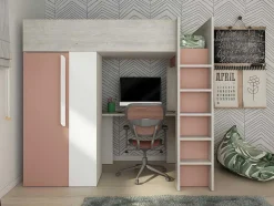 Vente-unique Kinderbed Hoogslaper-Hoogslaper - 90 X 200 Cm - Met Kast En Bureau - Roze En Wit - Nicolas