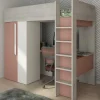 Vente-unique Kinderbed Hoogslaper-Hoogslaper - 90 X 200 Cm - Met Kast En Bureau - Roze En Wit + Matras -Nicolas