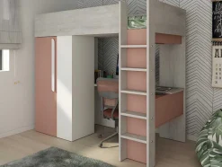 Vente-unique Kinderbed Hoogslaper-Hoogslaper - 90 X 200 Cm - Met Kast En Bureau - Roze En Wit + Matras -Nicolas