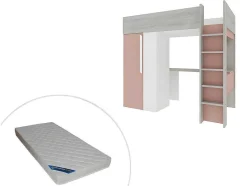 Vente-unique Kinderbed Hoogslaper-Hoogslaper - 90 X 200 Cm - Met Kast En Bureau - Roze En Wit + Matras -Nicolas