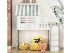 Vente-unique Kinderbed Hoogslaper-Hoogslaper 90 X 200 Cm - Cabinebed Met Ladder - Opbergplank - Massief Hout - Groen
