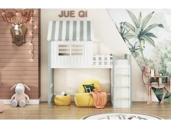 Vente-unique Kinderbed Hoogslaper-Hoogslaper 90 X 200 Cm - Cabinebed Met Ladder - Opbergplank - Massief Hout - Groen