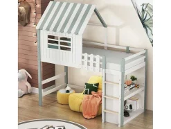 Vente-unique Kinderbed Hoogslaper-Hoogslaper 90 X 200 Cm - Cabinebed Met Ladder - Opbergplank - Massief Hout - Groen