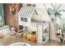 Vente-unique Kinderbed Hoogslaper-Hoogslaper 90 X 200 Cm - Cabinebed Met Ladder - Opbergplank - Massief Hout - Groen