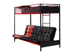 Vente-unique Kinderbed Hoogslaper-Hoogslaper 90 X 190 Cm - Met Slaapbank - Metaal - Zwart En Rood + Futon + Matras - Modulo V