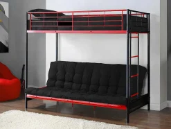 Vente-unique Kinderbed Hoogslaper-Hoogslaper 90 X 190 Cm - Met Slaapbank - Metaal - Zwart En Rood + Futon + Matras - Modulo V