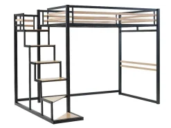 Vente-unique Aanbiedingen: Slaapkamer & Kantoor-Hoogslaper 140 X 200 Cm - Metaal En Mdf - Zwart En Naturel + Matras - Jogui