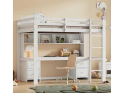 Vente-unique Kinderbed Hoogslaper-Hoogslaper 90 X 200 Cm Met Bureau, Boekenkast, Lades En Ladder, Mdf Hout, Wit