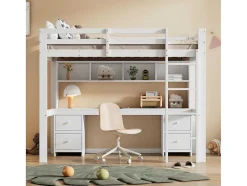 Vente-unique Kinderbed Hoogslaper-Hoogslaper 90 X 200 Cm Met Bureau, Boekenkast, Lades En Ladder, Mdf Hout, Wit
