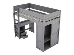 Vente-unique Kinderbed Hoogslaper-Hoogslaper 90 X 200 Cm Met Bureau + 2 Laden - Kledingkast Met Schuifdeur - Mdf Hout - Grijs