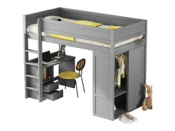 Vente-unique Kinderbed Hoogslaper-Hoogslaper 90 X 200 Cm Met Bureau + 2 Laden - Kledingkast Met Schuifdeur - Mdf Hout - Grijs