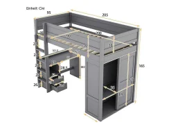 Vente-unique Kinderbed Hoogslaper-Hoogslaper 90 X 200 Cm Met Bureau + 2 Laden - Kledingkast Met Schuifdeur - Mdf Hout - Grijs