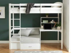 Vente-unique Kinderbed-Hoogslaper 90 X 200 Cm Met Bureau, Slaapbank En Opbergruimte - Massief Grenen - Gebleekt + Matras - Goliath Iii