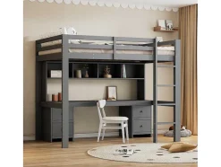 Vente-unique Kinderbed Hoogslaper-Hoogslaper 90 X 200 Cm Met Bureau, Boekenkast, Lades En Ladder, Mdf Hout, Grijs