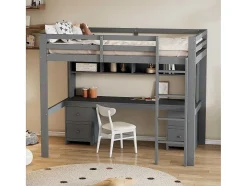 Vente-unique Kinderbed Hoogslaper-Hoogslaper 90 X 200 Cm Met Bureau, Boekenkast, Lades En Ladder, Mdf Hout, Grijs