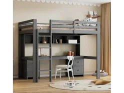 Vente-unique Kinderbed Hoogslaper-Hoogslaper 90 X 200 Cm Met Bureau, Boekenkast, Lades En Ladder, Mdf Hout, Grijs