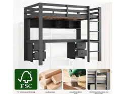 Vente-unique Kinderbed Hoogslaper-Hoogslaper 90 X 200 Cm Met Bureau, Boekenkast, Lades En Ladder, Mdf Hout, Grijs