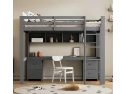 Vente-unique Kinderbed Hoogslaper-Hoogslaper 90 X 200 Cm Met Bureau, Boekenkast, Lades En Ladder, Mdf Hout, Grijs