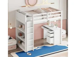Vente-unique Kinderbed Hoogslaper-Hoogslaper 90 X 200 Cm Met Bureau, Opbergplanken, Lades En Ladder, Mdf-Hout, Wit