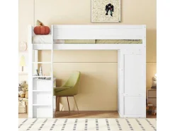 Vente-unique Kinderbed-Hoogslaper 90 X 200 Cm Met Bureau + 2 Laden - Kledingkast Met Schuifdeur - Mdf Hout - Wit