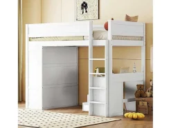 Vente-unique Kinderbed-Hoogslaper 90 X 200 Cm Met Bureau + 2 Laden - Kledingkast Met Schuifdeur - Mdf Hout - Wit