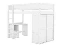 Vente-unique Kinderbed-Hoogslaper 90 X 200 Cm Met Bureau + 2 Laden - Kledingkast Met Schuifdeur - Mdf Hout - Wit