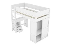 Vente-unique Kinderbed-Hoogslaper 90 X 200 Cm Met Bureau + 2 Laden - Kledingkast Met Schuifdeur - Mdf Hout - Wit