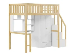Vente-unique Kinderbed Hoogslaper-Hoogslaper 90 X 200 Cm Met Grote Kledingkast, Bureau, Boekenkast, Trap En Lades, Alles-In-Een, Mdf Hout, Wit + Eiken