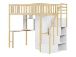 Vente-unique Kinderbed Hoogslaper-Hoogslaper 90 X 200 Cm Met Grote Kledingkast, Bureau, Boekenkast, Trap En Lades, Alles-In-Een, Mdf Hout, Wit + Eiken