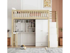 Vente-unique Kinderbed Hoogslaper-Hoogslaper 90 X 200 Cm Met Grote Kledingkast, Bureau, Boekenkast, Trap En Lades, Alles-In-Een, Mdf Hout, Wit + Eiken