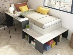 Vente-unique Kinderbed-Hoogslaper 90 X 200 Cm Met Opbergruimte En Bureau - Kleur: Naturel En Antraciet - Rigali
