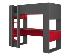 Vente-unique Kinderbed Hoogslaper-Hoogslaper Gamer Noah Met Bureau En Opbergruimtes - 90 X 200 Cm - Met Led'S - Antraciet En Rood + Matras