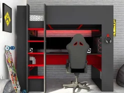 Vente-unique Kinderbed Hoogslaper-Hoogslaper Gamer Noah Met Bureau En Opbergruimtes - 90 X 200 Cm - Met Led'S - Antraciet En Rood + Matras