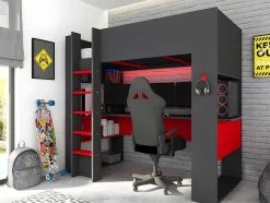 Vente-unique Kinderbed Hoogslaper-Hoogslaper Gamer Noah Met Bureau En Opbergruimtes - 90 X 200 Cm - Met Led'S - Antraciet En Rood + Matras