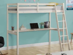 Vente-unique Kinderbed Hoogslaper-Hoogslaper Gedeon - 90 X 190 Cm - Met Bureau - Massief Grenen - Gebleekt