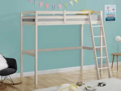 Vente-unique Kinderbed Hoogslaper-Hoogslaper Gedeon Ii - 90 X 190 Cm - Massief Grenen - Gebleekt + Matras