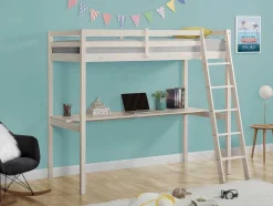 Vente-unique Kinderbed Hoogslaper-Hoogslaper Gedeon Ii - 90 X 190 Cm - Met Bureau - Massief Grenen - Gebleekt + Matras