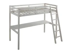 Vente-unique Kinderbed Hoogslaper-Hoogslaper Gedeon Ii - 90 X 190 Cm - Met Bureau - Massief Grenen - Gebleekt + Matras