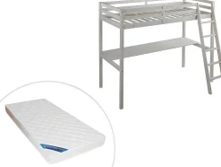 Vente-unique Kinderbed Hoogslaper-Hoogslaper Gedeon Ii - 90 X 190 Cm - Met Bureau - Massief Grenen - Gebleekt + Matras