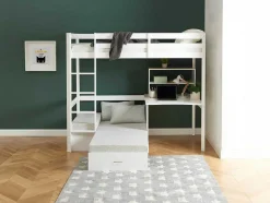 Vente-unique Kinderbed-Hoogslaper Goliath Ii Met Bureau, Bedbank En Opbergruimte - 90 X 200 Cm - Massief Grenen - Gebleekt