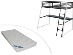 Vente-unique Kinderbed Hoogslaper-Hoogslaper Malicia - 90 X 190 Cm - Met Hoekbureau - Zwart En Wit + Matras