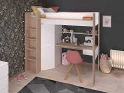 Vente-unique Kinderbed Hoogslaper-Hoogslaper Met Bureau En Kast - 90 X 200 Cm - Wit En Naturel - Auckland