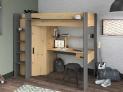 Vente-unique Kinderbed Hoogslaper-Hoogslaper Met Bureau En Kast - 90X200Cm - Naturel En Antraciet + Matras - Auckland