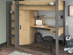 Vente-unique Kinderbed Hoogslaper-Hoogslaper Met Bureau En Kast - 90X200Cm - Naturel En Antraciet + Matras - Auckland