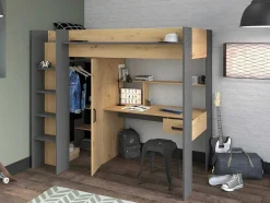Vente-unique Kinderbed Hoogslaper-Hoogslaper Met Bureau En Kast - 90X200Cm - Naturel En Antraciet + Matras - Auckland