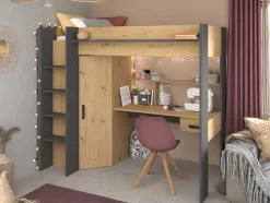 Vente-unique Kinderbed Hoogslaper-Hoogslaper Met Bureau En Kast - 90X200Cm - Naturel En Antraciet + Matras - Auckland