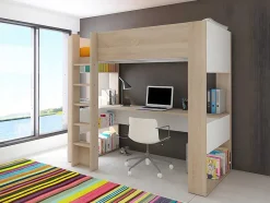 Vente-unique Kinderbed Hoogslaper-Hoogslaper Met Bureau En Opbergruimte - 90 X 200 Cm - Eik En Wit + Matras - Noah Ii