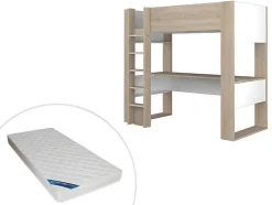 Vente-unique Kinderbed Hoogslaper-Hoogslaper Met Bureau En Opbergruimte - 90 X 200 Cm - Eik En Wit + Matras - Noah Ii