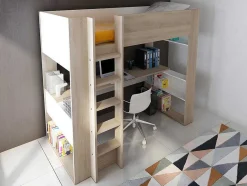 Vente-unique Kinderbed Hoogslaper-Hoogslaper Met Bureau En Opbergruimte - 90 X 200 Cm - Eik En Wit + Matras - Noah Ii