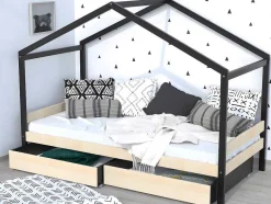 Vente-unique Kinderbed-Hutbed Elfia - 2 Laden - 90 X 190 Cm - Massief Grenen - Naturel En Zwart